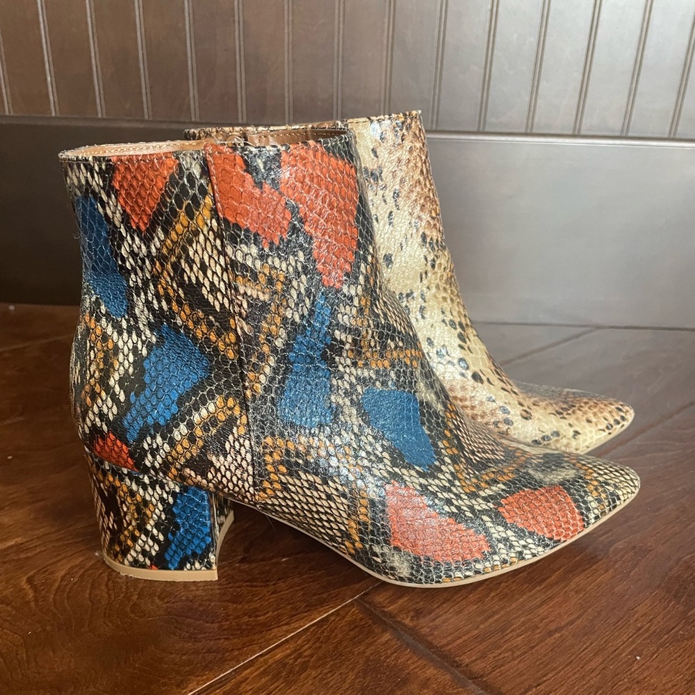 Bamboo Colorful Faux Snakeskin Booties